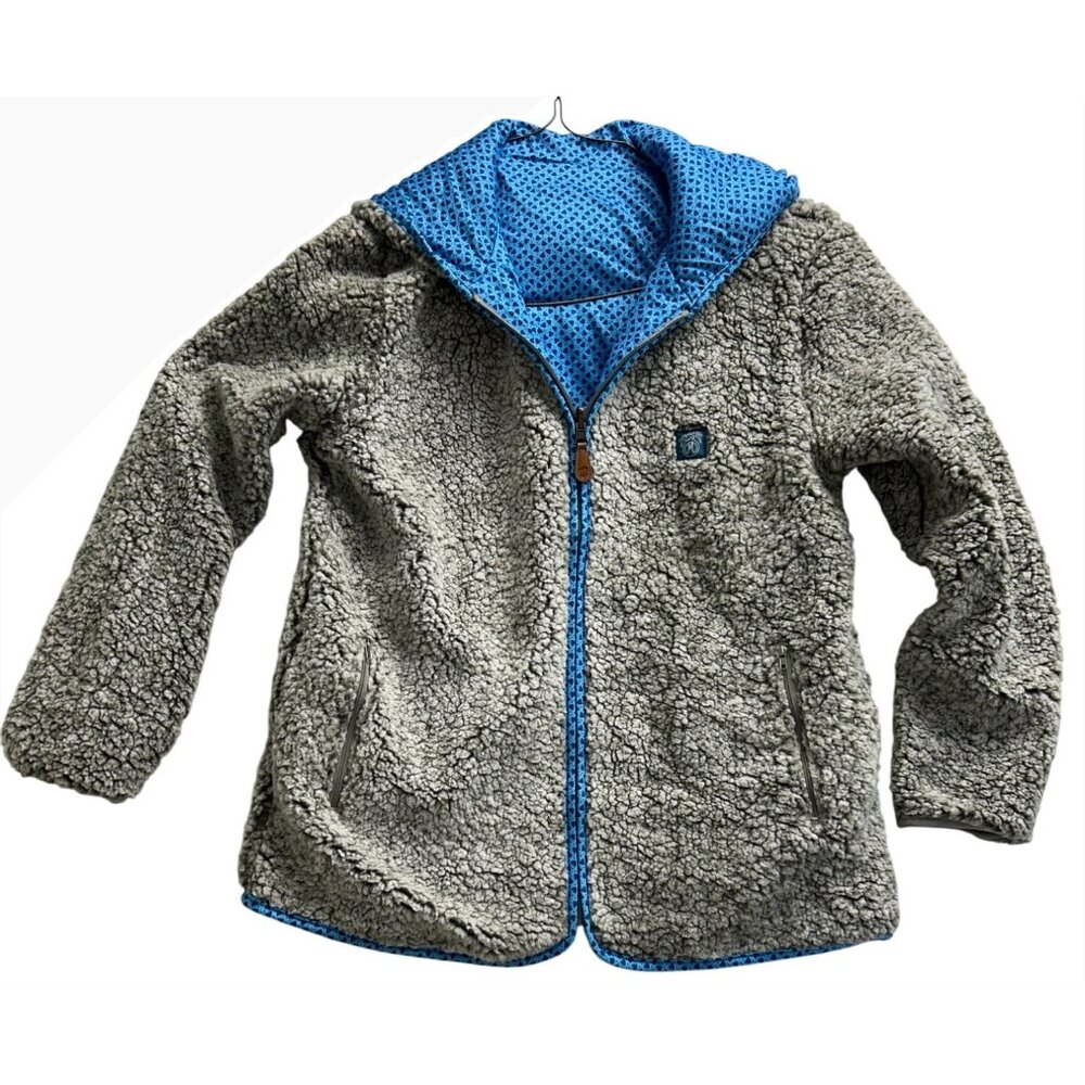 Palm Tree Two-Tone Reversible Sherpa Jacket Blue Print Zippered Womens size XL